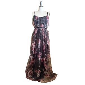 City Triangles Floral Maxi Dress Black Pink Sheer Overlay Size 11 Formal Gown